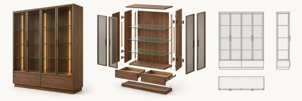 Furniture cabinet shown assembled, exploded into components and in technical views