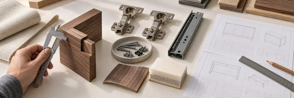 A maker measures furniture components beside material samples and drawings
