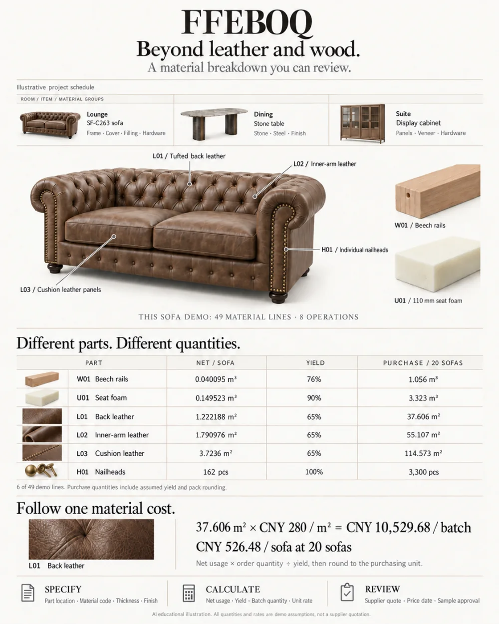 Sofa material breakdown illustration with six selected material lines