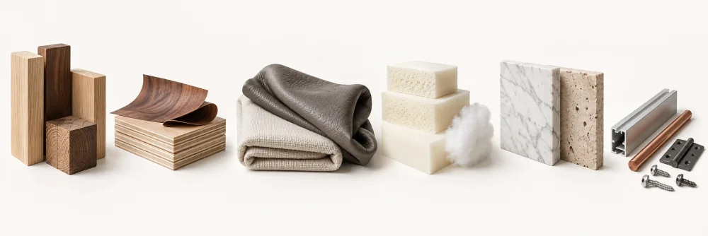 Furniture material samples including timber, plywood, upholstery, foam, stone and hardware